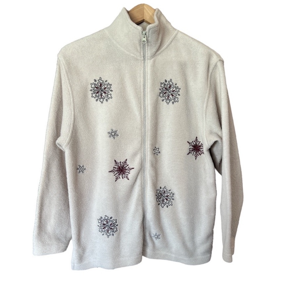 Nick & Sarah full zip snowflake fleece jacket cream w/ burgundy gray fla…